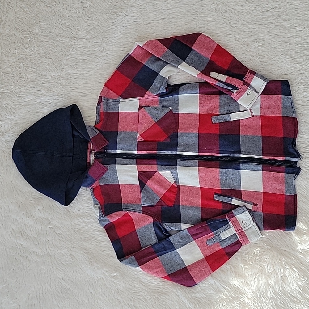 iDo By MINICONF Flannel Zip Up Hoodie/Shacket Red, White, Navy Boys Size 10/12